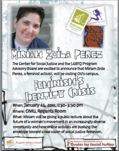 Flyer for event, Feminism's Identity Crisis, with blurb and photo included. 