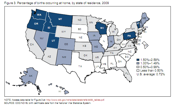 Picture 2 Map of US with percentage home births by state